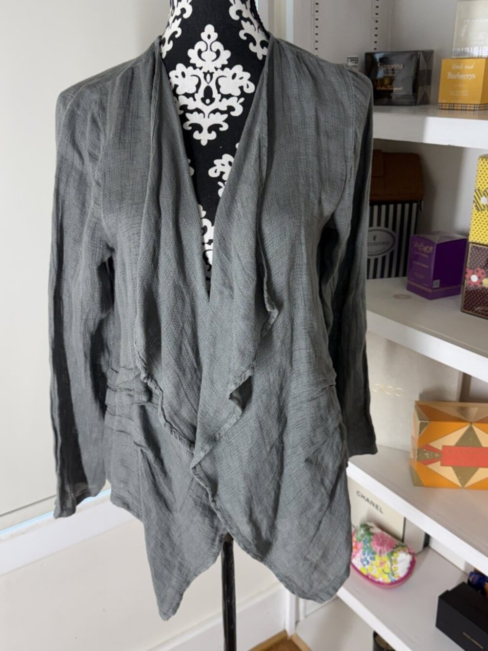 Fenini Gray Knit Open Front Cardigan 100% Linen Long Sleeves Minimalist Small